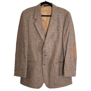 VTG Gallery by Haggar Mens 42L Brown Herringbone Pure Wool Blazer Elbow Patches
